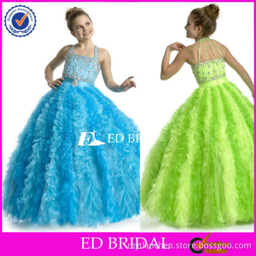 LBF026 New Come Halter Boat beaded bodice Ruffled Organza Long flower girl dress